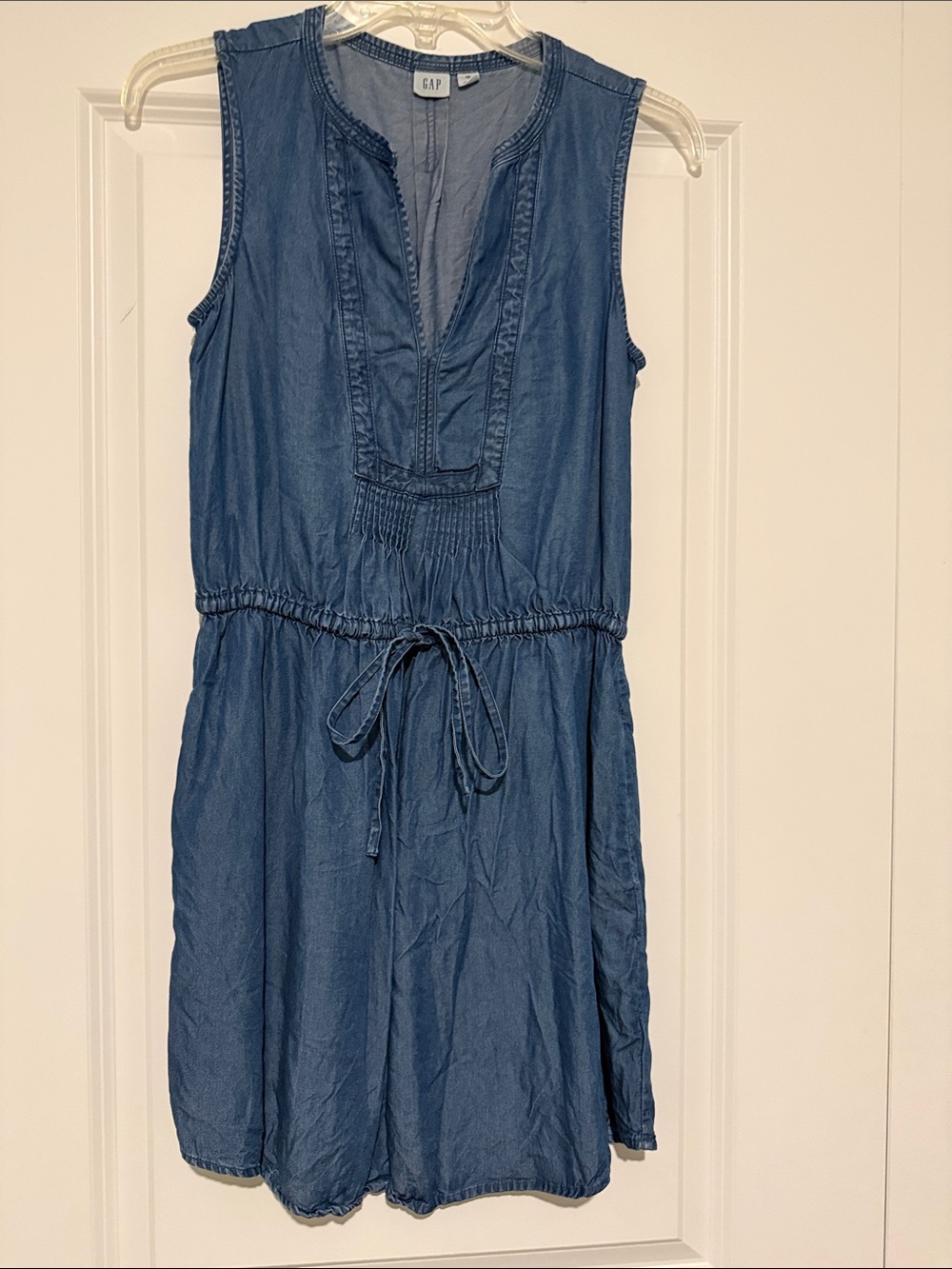 GAP Denim-Look Sleeveless Drawstring Dress - Blue
